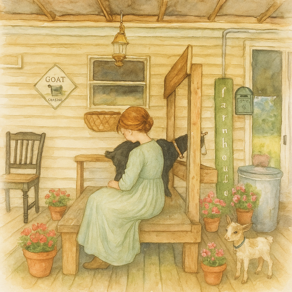 AI watercolor of the DIY goat milking stand and milking porch