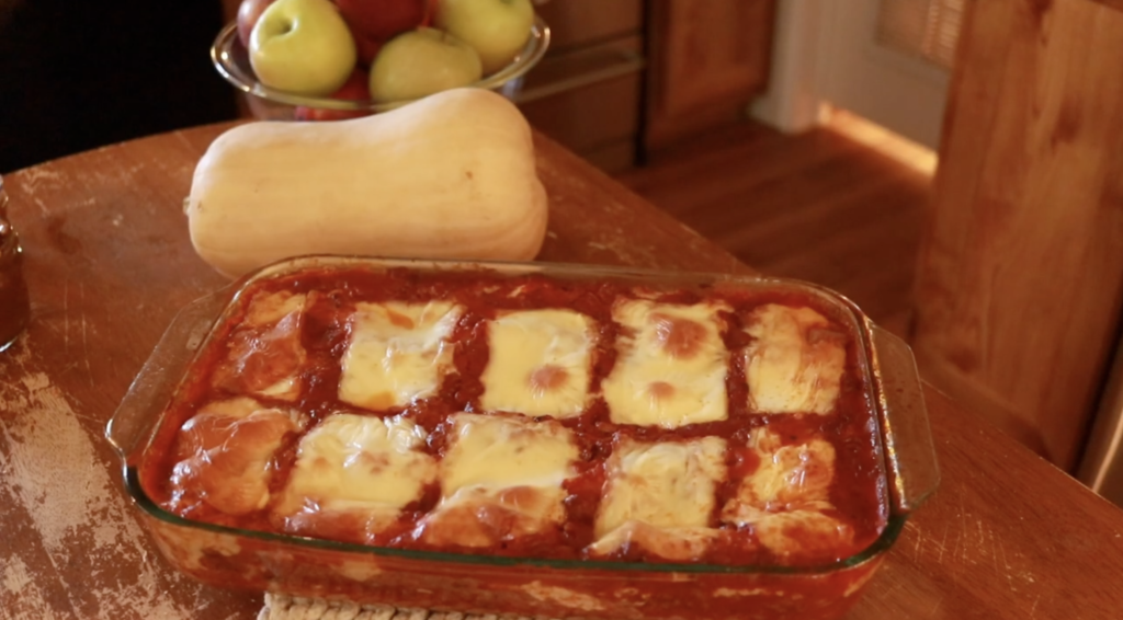 9x13 glass pan of homemade lasagna 