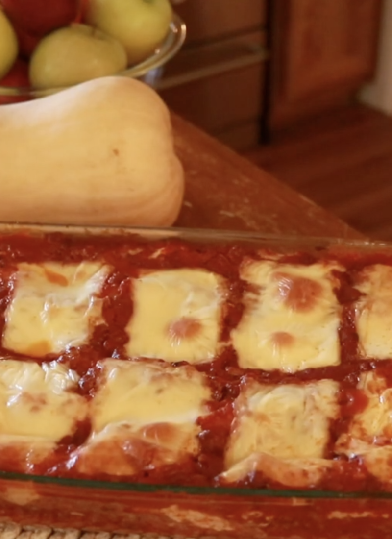 9x13 glass pan of homemade lasagna