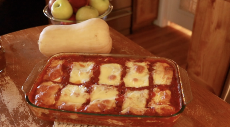 9x13 glass pan of homemade lasagna