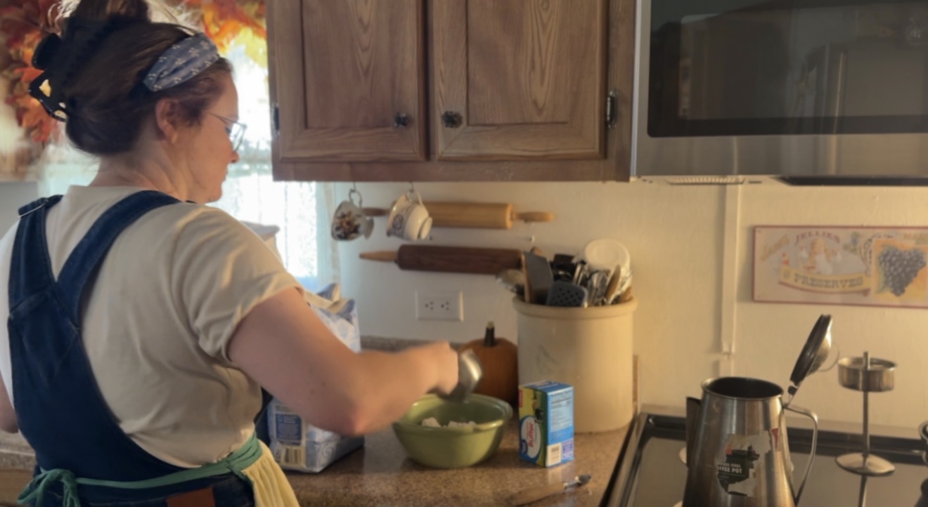 adding flour, salt and sugar to a bowl